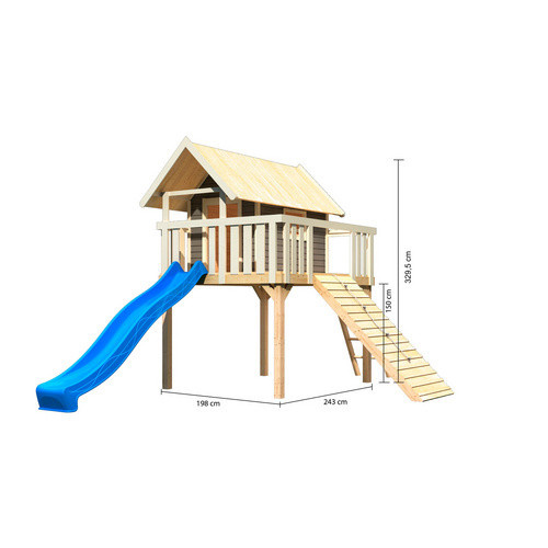 Karibu Stelzenhaus Fidel Set in Terragrau mit blauer Wellenrutsche und Holzrampe, B/H/T: 198 x 329,5 x 243 cm - Bild 3
