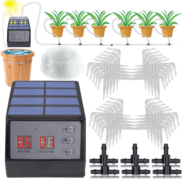 Solar Power Timer Automatisches Mikro-Tropfbewässerungssystem für Garten und Bonsai mit 1/4 Zoll Schlauch in Schwarz - Bild 1