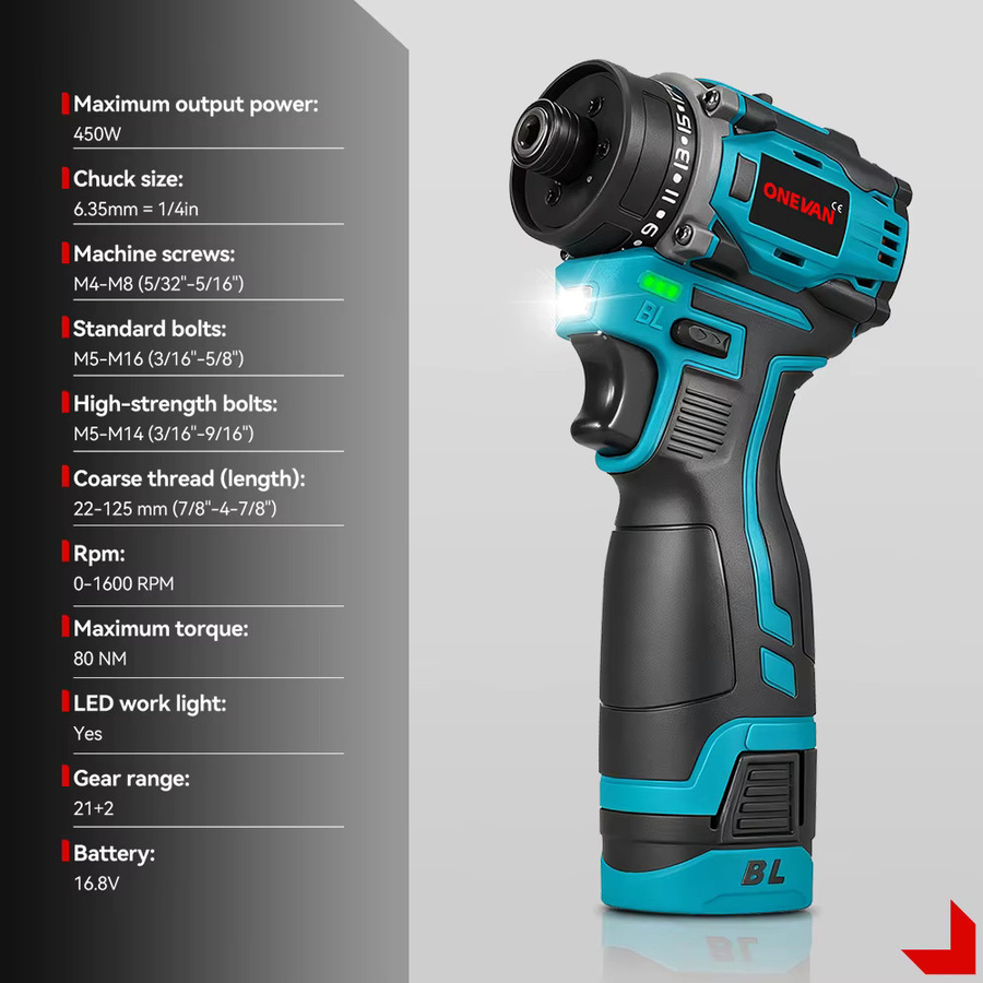 ONEVAN 3in1 Bürstenloser Akku-Schraubendreher 450 W Multifunktions-Bohrer in Blau - Bild 3