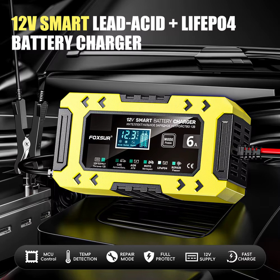 FOXSUR Vollautomatisches Autobatterieladegerät 12 V 6 A mit Digitalanzeige und 10-stufiger Power Puls Reparaturfunktion in Rot-Gelb - Bild 2