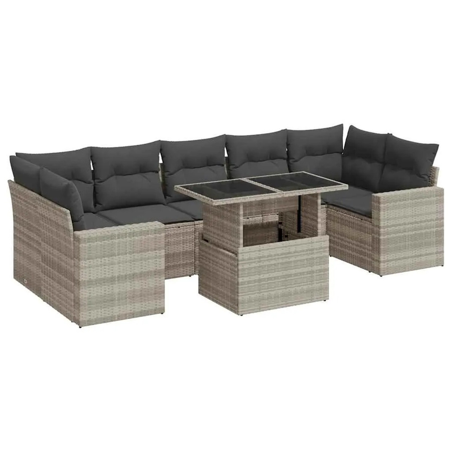 vidaXL 8-teilige Garten-Sofagarnitur in L-Form mit Kissen und Couchtisch, Hellgrau, Poly-Rattan und Metallrahmen - Bild 2