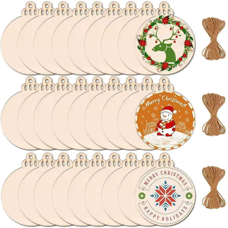 100 Stück Runde Weihnachts-Hängeornamente aus Holz mit Frohe Weihnachten Schriftzug in Braun und Beige für DIY Dekorationen - Bild 2