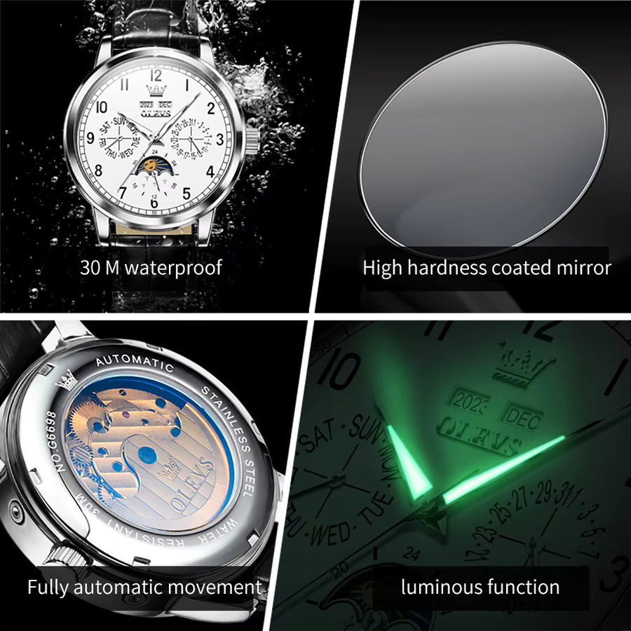 OLEVS Armbanduhr, Automatik, Edelstahl, Leder, Mondphase, Herren - Bild 6