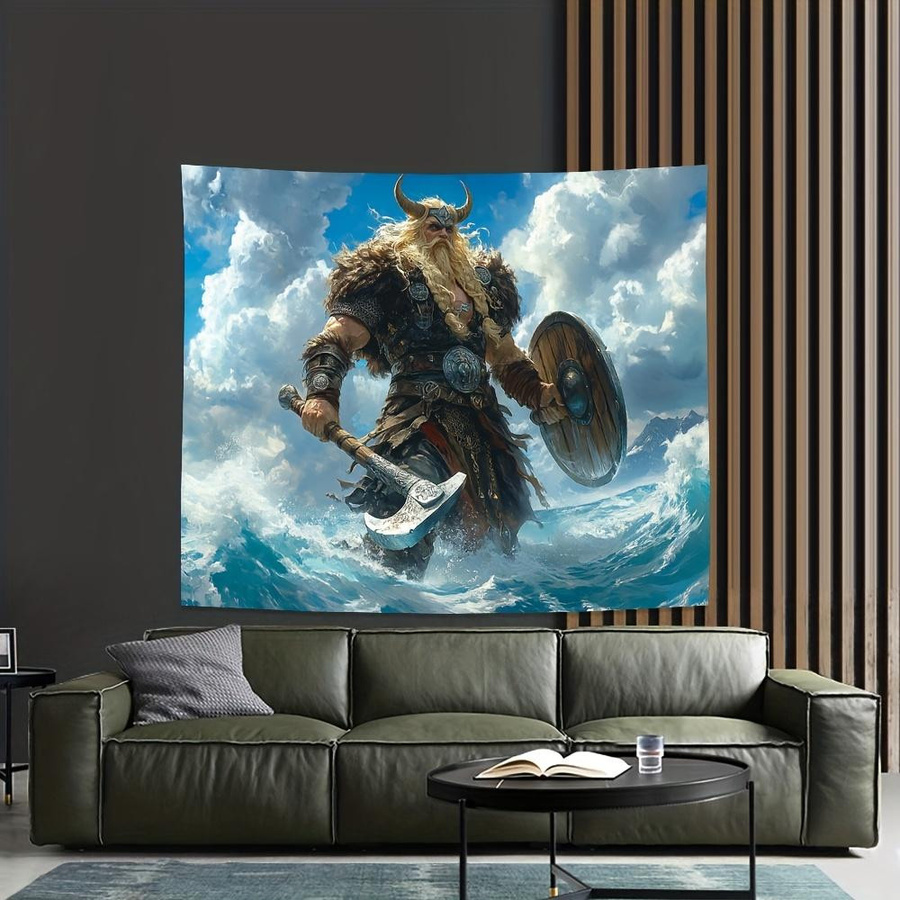 Wikingerkrieger Wandteppich von JMG Household Supplies, Nordischer Held mit Axt und Schild in Meereswellen, Fantasy Wandbehang für dein Wohnzimmer oder Schlafzimmer, B: 70 cm, H: 100 cm - Bild 3
