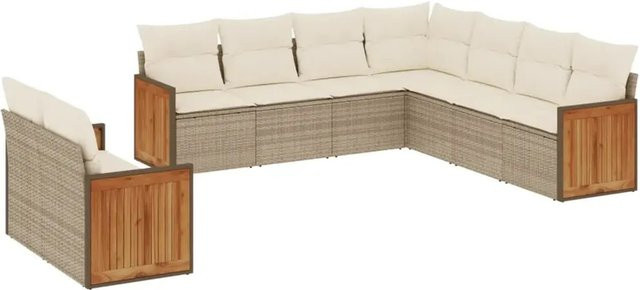 vidaXL 9-tlg. Garten-Sofagarnitur in L-Form aus Poly-Rattan und Akazienholz mit Kissen in Beige-Creme - Bild 1