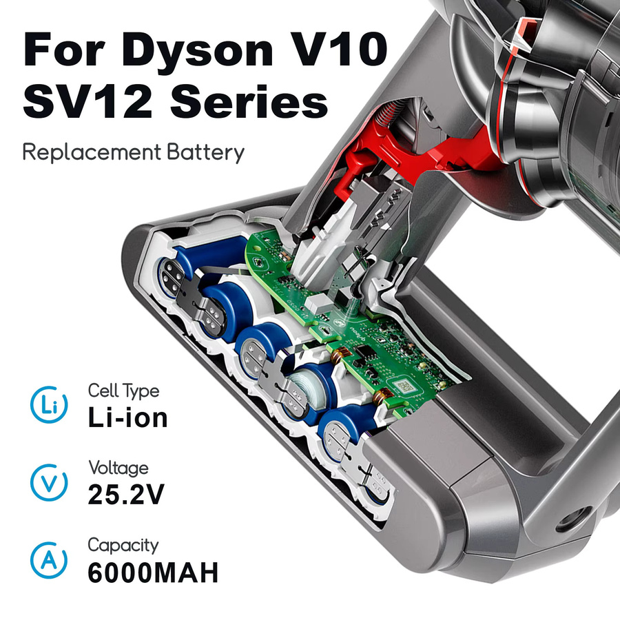Bonadget Ersatzakku für Dyson V10 Staubsauger, 25,6 V, 6000 mAh, passend für V10 SV12, V10 Absolute, V10 Fluffy und Cyclone - Bild 3