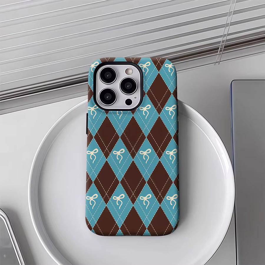 Rhomb Bow Handyhülle für Apple iPhone 17 16 15 14 13 12 Pro Max Plus in Braun und Blau mit doppelschichtiger Rückseite - Bild 4