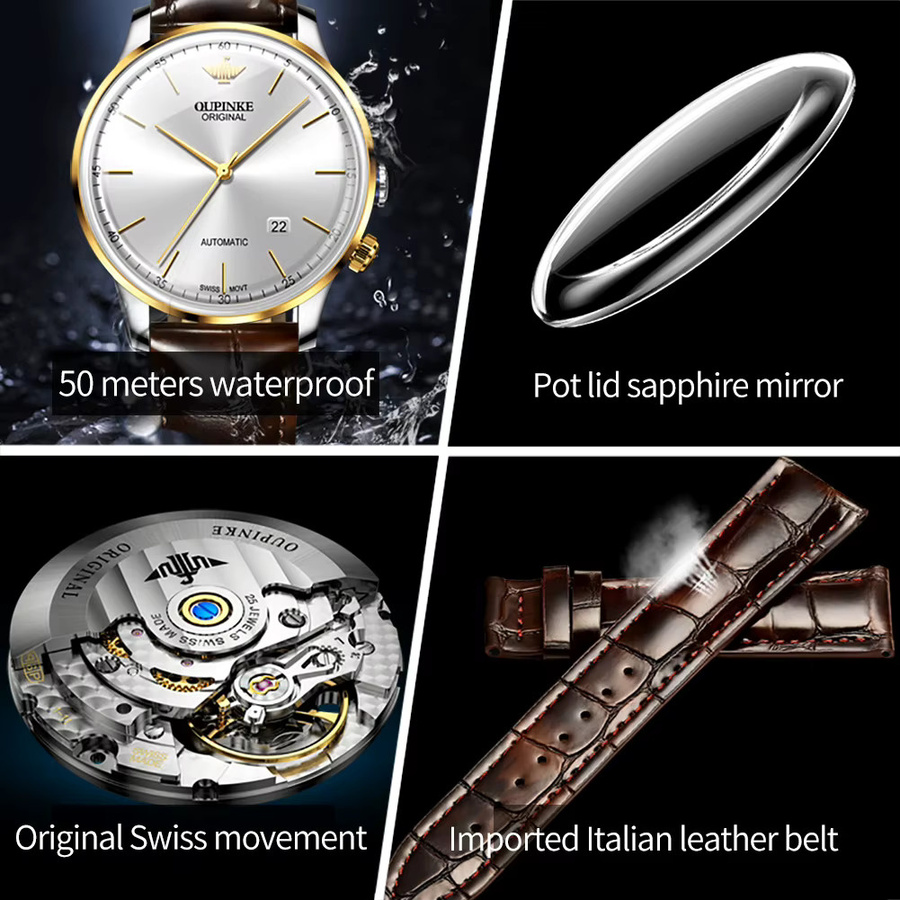 OUPINKE Armbanduhr, Automatik, Analoguhr, Gold, Leder, Herren - Bild 5