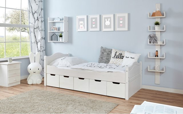 TiCAA Einzelbett Leni aus Kiefer mit Schubladen in Weiß, B/T/H: 100 x 200 x 109 cm - Bild 1