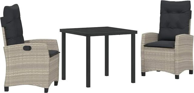 vidaXL 3-teilige Garten-Essgruppe aus Poly Rattan mit Kissen in Hellgrau, moderner Tisch und Stühle für Garten, Terrasse und Balkon - Bild 1