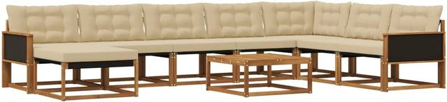 vidaXL Outdoor-Sofagarnitur aus Akazie Massivholz mit Textilene-Elementen und Kissen, 9-teiliges Set, Natur und Beige - Bild 1