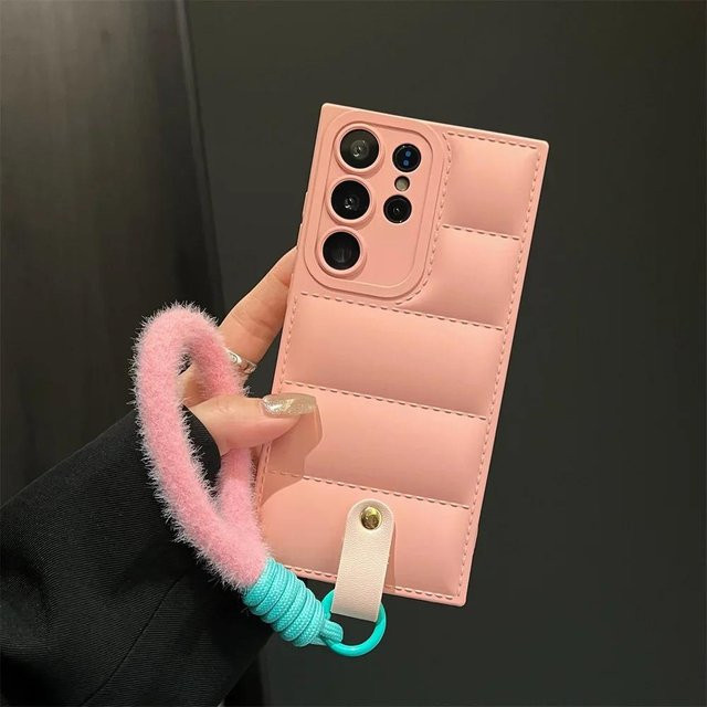 Daunenjacke Handyhülle mit Handgelenkband für Samsung Galaxy S24 S23 S22 S21 S20 Ultra Plus FE A15 in Beige - Bild 1