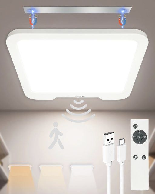 KEBINCPLED Ultradünne LED-Deckenleuchte kabellos und wiederaufladbar mit Bewegungssensor, dimmbar und 3-farbig steuerbar per Fernbedienung - Bild 1