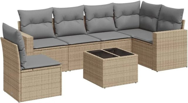 vidaXL 7-tlg. Garten-Sofagarnitur aus Polyrattan in Beige mit Kissen und Couchtisch - Bild 1