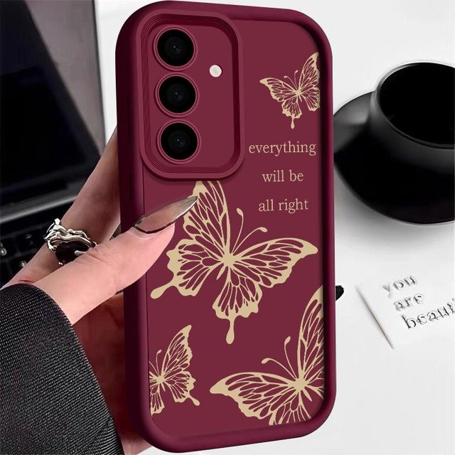 Stoßfeste Silikon Handyhülle mit Schmetterlings-Print für Samsung Galaxy S25 S24 S23 S22 S21 A17 A27 A37 A57 A16 A56 A55 A36 A35 A15 5G in Weinrot - Bild 1