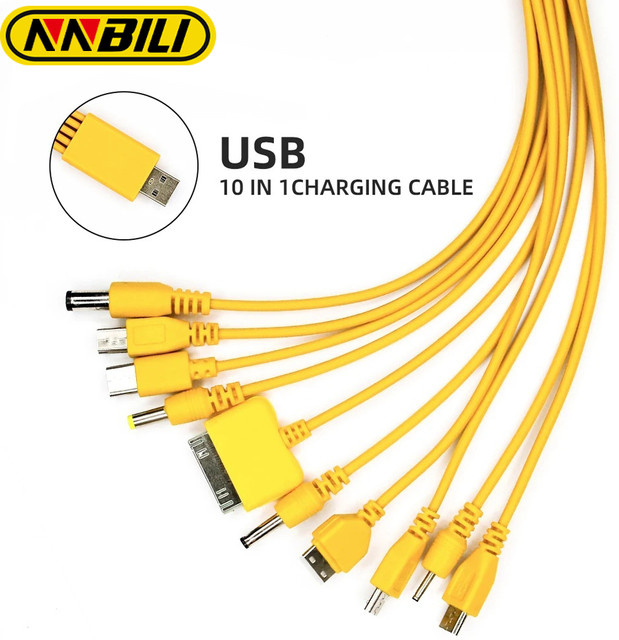 NNBILI 10-in-1 Multifunktions-USB-Ladekabel mit USB-A, USB-C und Micro-USB in Schwarz und Gelb - Bild 1