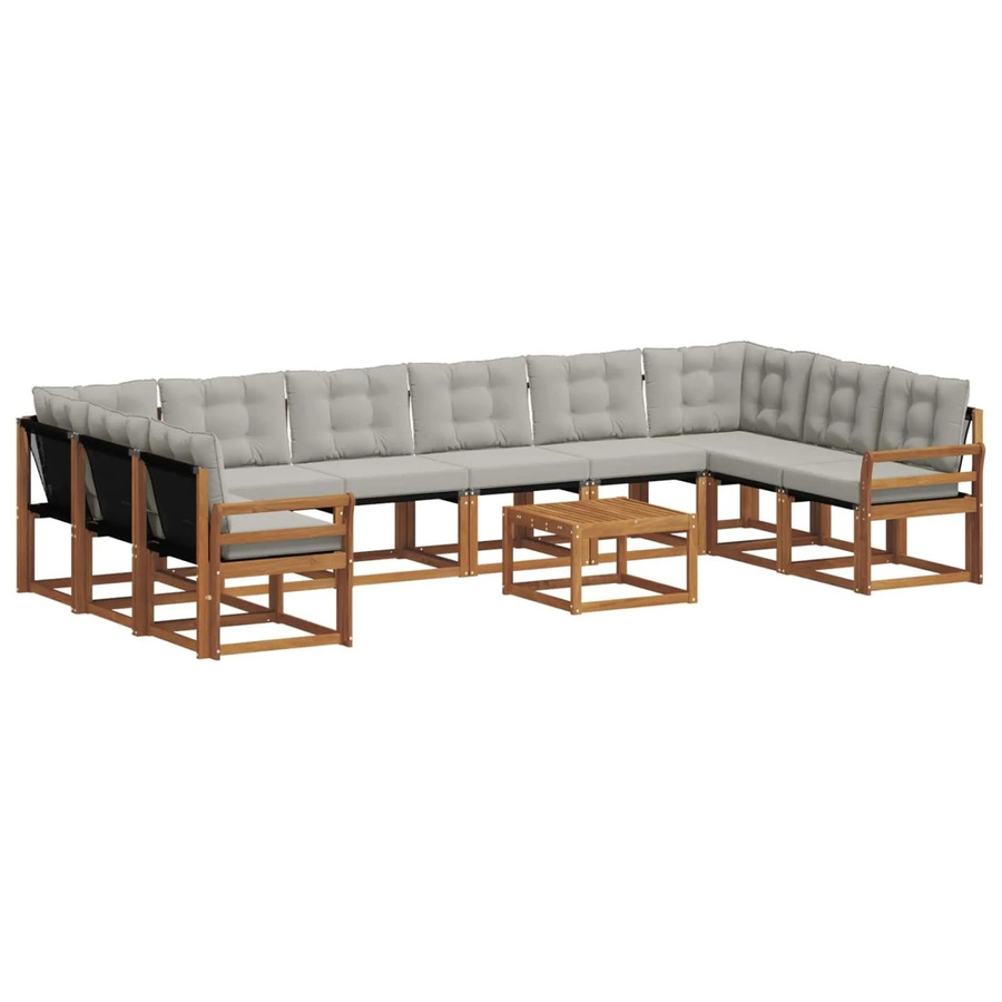 vidaXL Outdoor-Sofagarnitur in U-Form aus Akazienholz mit Textilene und Kissen, 11-teilig, Grau und Natur - Bild 2