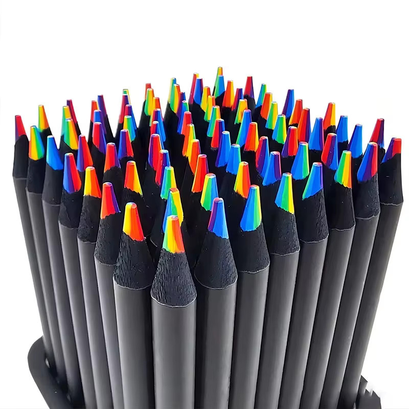 6 Stück 7-in-1 Regenbogen-Buntstifte aus schwarzem Holz für Kunst und Schule, Mehrfarbig - Bild 3