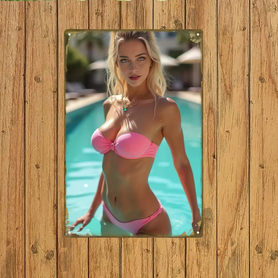 HELLOYOUNG Vintage Metallwandkunst Elegante Blondine im Rosa Bikini am Pool B/H: 20,32 x 30,48 cm - Bild 6
