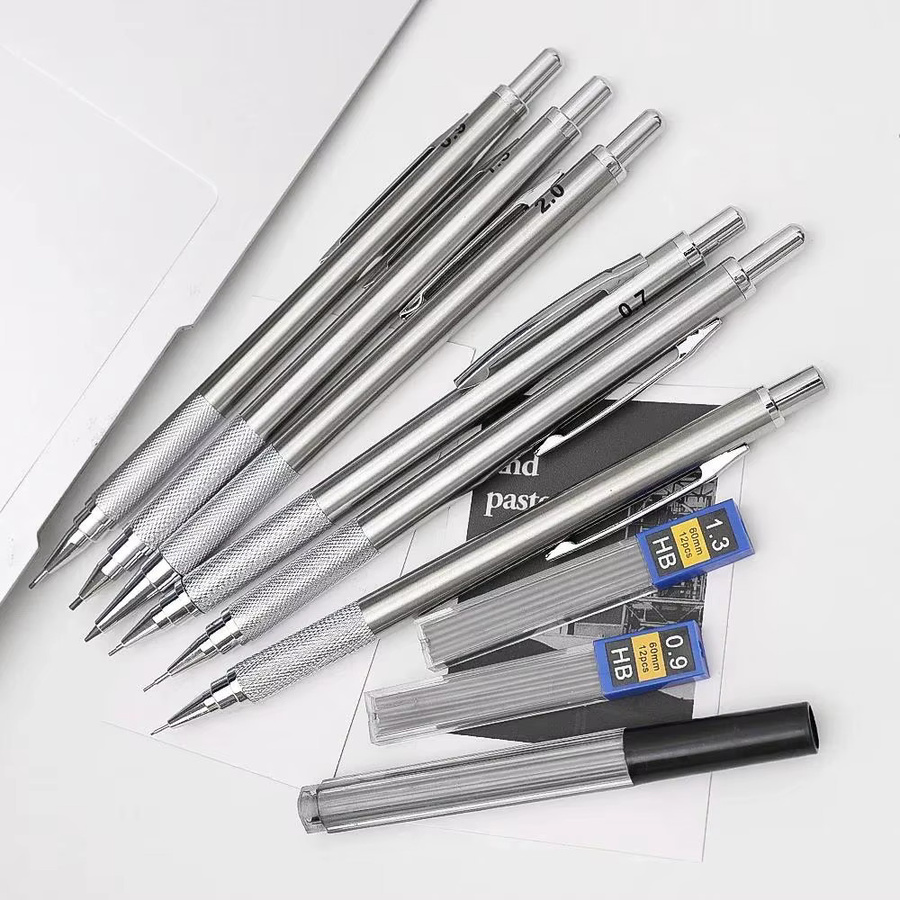 Vollmetall-Druckbleistift in Silber mit austauschbaren Graphitminen für Schule und Büro - Bild 3