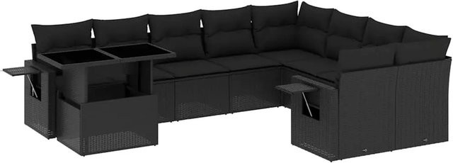 vidaXL 10-tlg. Garten-Sofagarnitur in L-Form aus Poly-Rattan mit Kissen, Schwarz - Bild 1