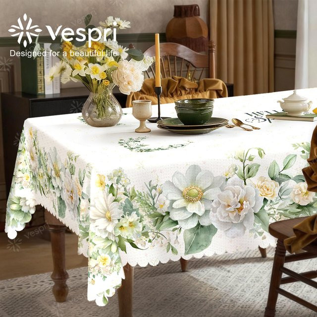 Vespri Tischdecke mit Frühlings- und Oster-Blumenmuster in Weiß-Grün aus Polyester - Bild 1