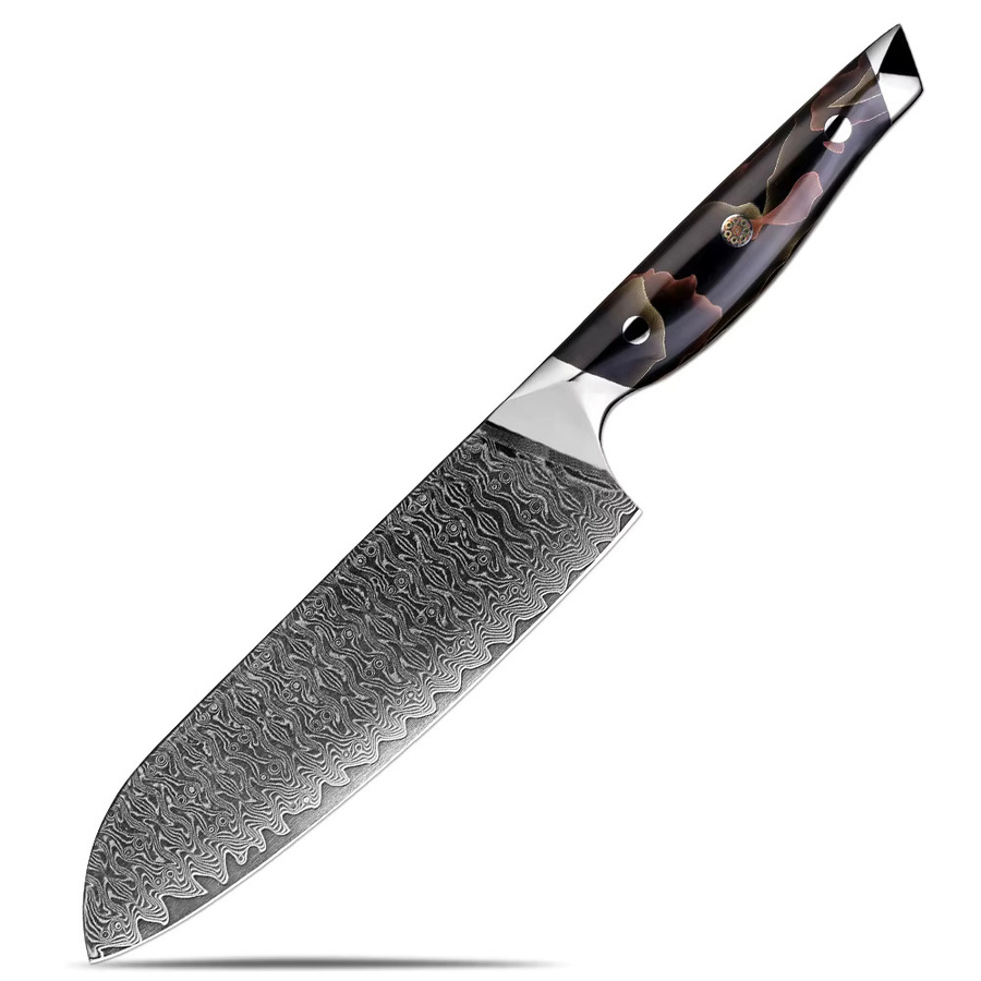 Xituo Santoku Kochmesser aus japanischem Damaststahl mit Kupfer-Platin-Harz Griff, 17,78 cm, Mehrfarbig - Bild 5