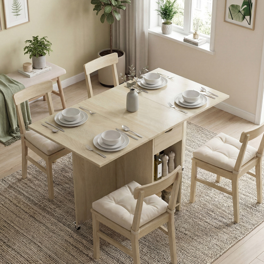 HOMCOM Klappbarer Esstisch mit Schublade und 2 Ablagen für 2-4 Personen, Moderner Küchentisch in Natur, B/T/H: 114,5 x 70 x 75 cm - Bild 2