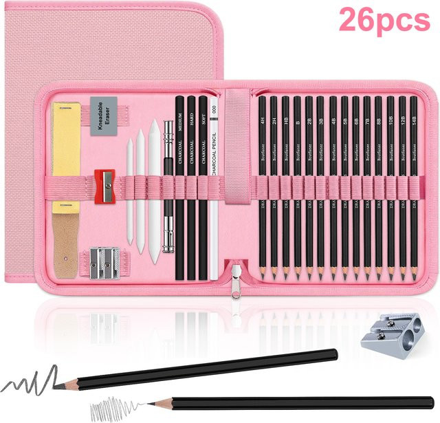 Professionelles 26-teiliges Skizzier- und Zeichenstift-Set aus Graphit und Kohle in Braun für Künstler und Erwachsene - Bild 1
