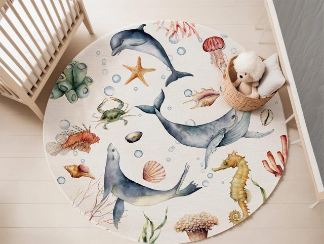 Karpetti Runder Teppich Meerestier Blau Multicolour, Weiche Spielmatte für Kinderzimmer, Wohnzimmer und Schlafzimmer, Durchmesser: 80 cm - Bild 1