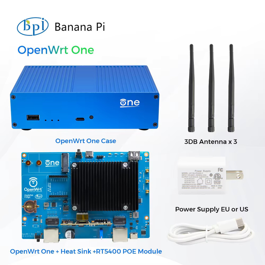 Banana Pi OpenWrt One Smart Router mit MediaTek MT7981B, 1 GB DDR4, 256 MiB SPI NAND, 2,5 GB RJ45 und Gigabit Ethernet, Blau - Bild 2