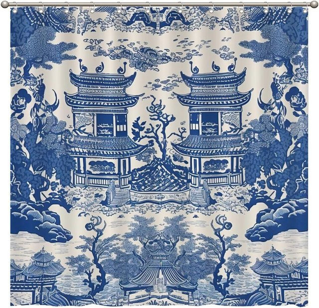 Duschvorhang Chinoiserie-Stil mit asiatischem Pagoden-Motiv von Yiran Furniture in Aqua Teal Blau, Breite: 90 cm, Höhe: 180 cm - Bild 1