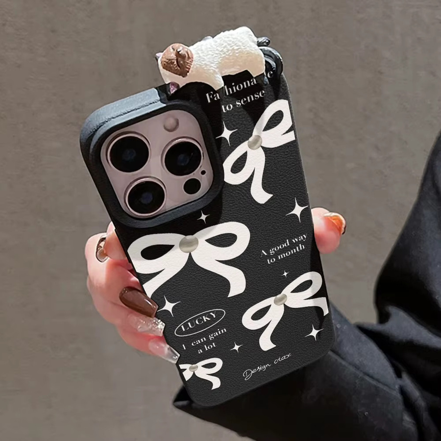 Stoßfeste iPhone Schutzhülle aus Leder mit weißer Schleife und süßem 3D-Katzen-Design für Apple iPhone 11 bis 17 Pro Max Modelle, Farbe: Weiß - Bild 4