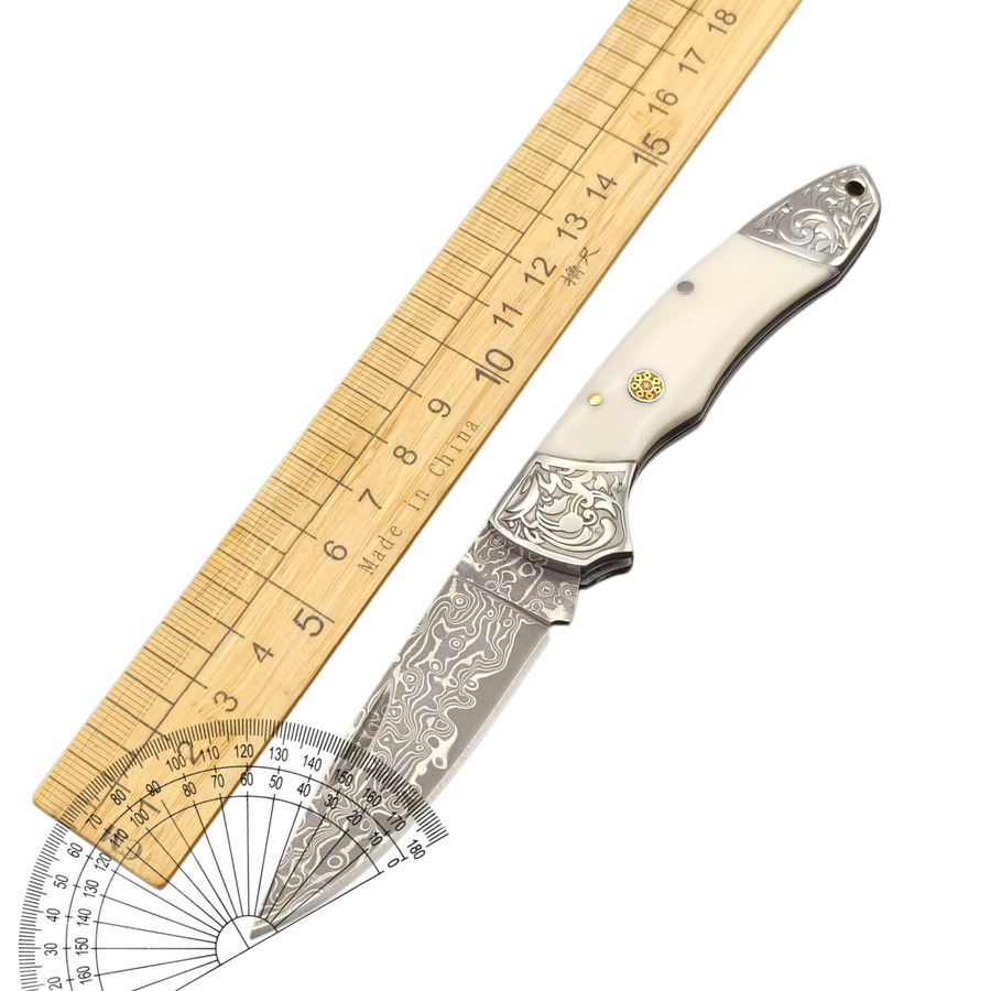 Damaszener Klappmesser mit Rinderknochen-Griff und geprägtem Stahlkopf in Weiß für Outdoor-Aktivitäten - Bild 6
