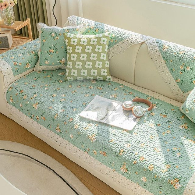 Rutschfeste Sofabezüge aus Baumwolle mit Blumenmuster und geometrischen Streifen im koreanischen Stil, Farbe: Grün, B/T/H: 70 x 70 x 0 cm - Bild 1