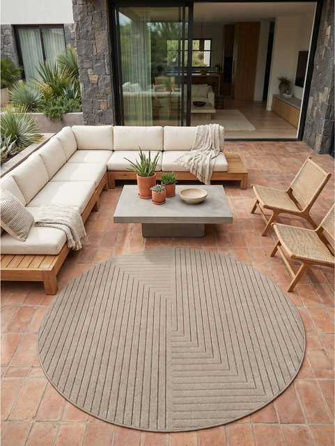 Outdoor-Teppich ENGADIN von Kadima Design in Beige, runder Skandi-Stil mit 3D-Design aus Polypropylen, Durchmesser: 200 cm - Bild 1
