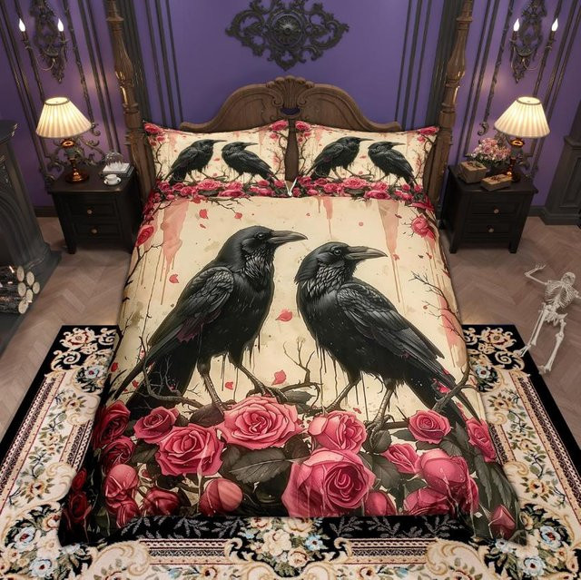 Homewish Halloween Bettwäsche-Set mit Krähen und floralem Blumenmuster, Mikrofaser, Mehrfarbig, B/T: 100 x 135 cm - Bild 1