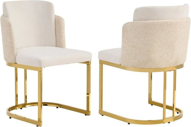 Merax Esszimmerstuhl 2er Set aus Chenille in Beige mit goldenen Metallfüßen - Bild 1