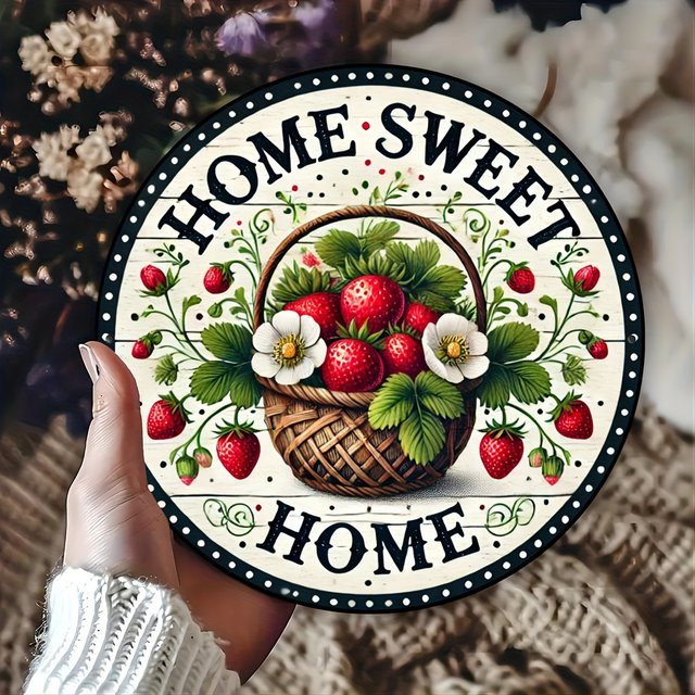Rundes Erdbeerschild Potdemiel im Retro-Stil als Türbehang mit floralem Design, Durchmesser: 20 cm - Bild 1
