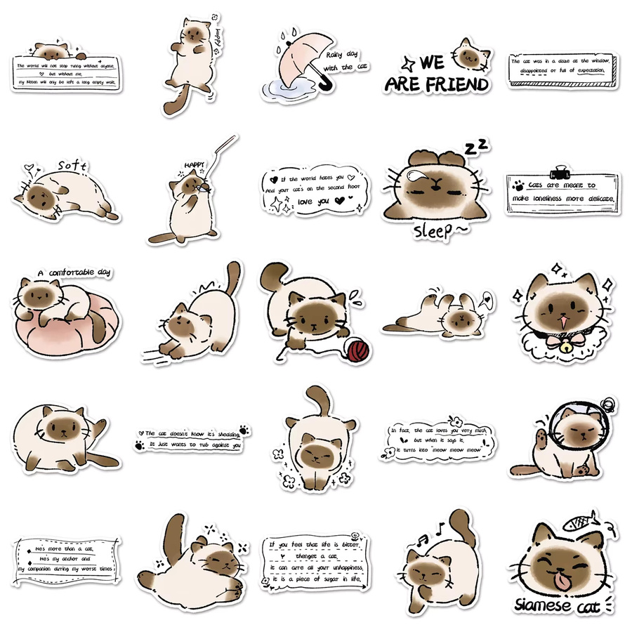 50 Stück GOGOTU Kawaii Siamesische Katze Anime Aufkleber, Wasserdichte Cartoon Sticker für Laptop, Skateboard und Gepäck, Mehrfarbig - Bild 3