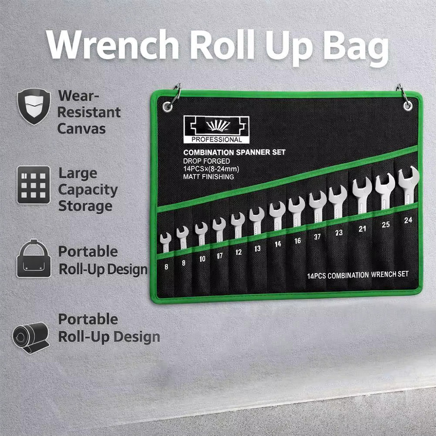 14-Fach Werkzeugorganizer-Rolle in Schwarz, tragbare und faltbare Tasche für Schraubenschlüssel und Handwerkzeuge - Bild 3