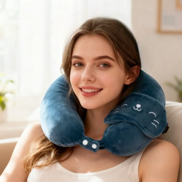 Eoumupi Nackenkissen aus Memory-Schaum in U-Form mit Augenmaske und abnehmbarem Bezug, Grau oder Blau - Bild 1