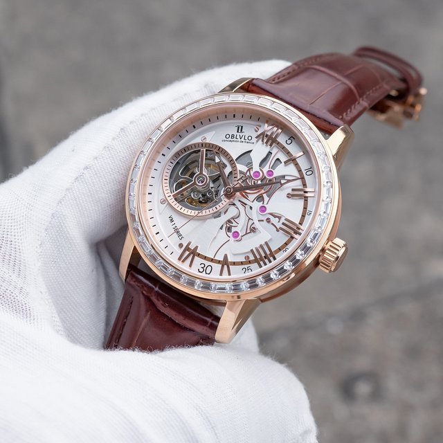 OBLVLO Armbanduhr Automatik, Edelstahl, Roségold, Diamant, Blau, Herren - Bild 1