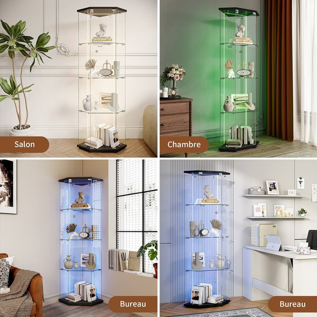 Rosahqnda Eck-Glasvitrine mit LED-Beleuchtung, moderne stehende Ausstellungsvitrine mit Glastüren in Schwarz und Transparent - Bild 1