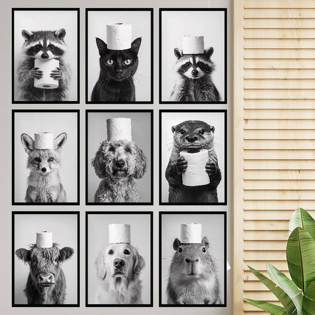 Selbstklebendes Kunstposter von moetch mit Highland Cow, Otter, Katze und Waschbär auf Toilette, modernes Wandbild in Mehrfarbig und Weiß, Rechteckig, Breite: 15,0 cm, Höhe: 15,0 cm - Bild 1