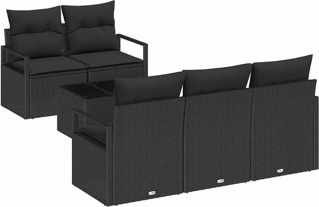 vidaXL 6-teiliges Lounge-Sofa Set aus Poly-Rattan in Schwarz mit Kissen und Tisch - Bild 1