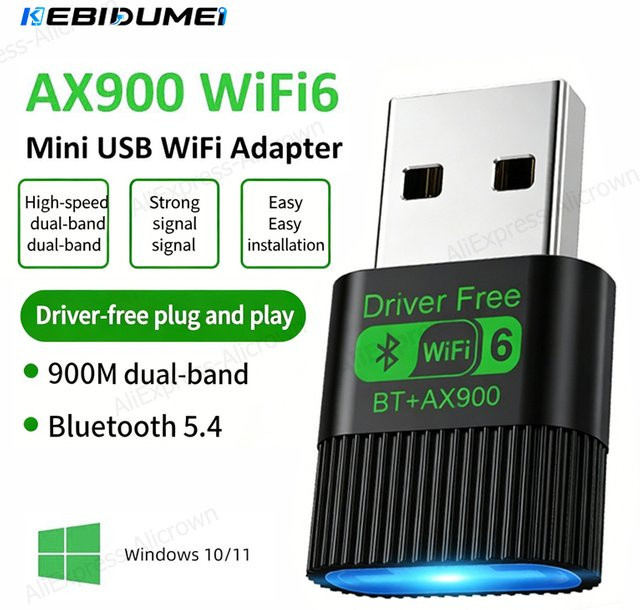 KEBIDUMEI USB-Adapter WiFi 6 AX900 mit Bluetooth 5.4, Dual-Band 2,4 GHz & 5 GHz WLAN-Empfänger mit RGB-Beleuchtung in Schwarz/Multicolor für PC und Laptop, kompatibel mit Windows 10/11 - Bild 1
