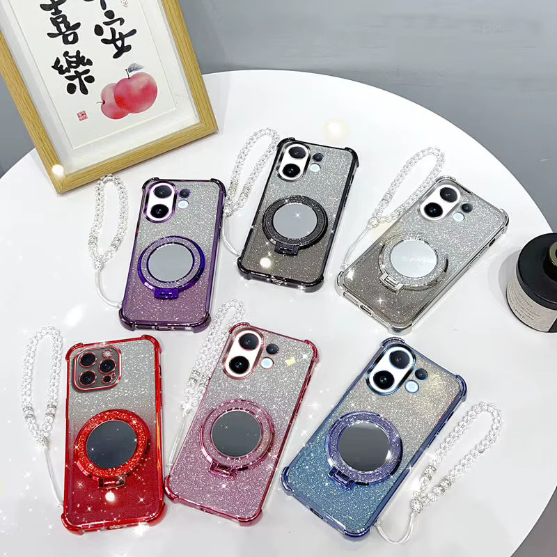 Glitzernde und stoßfeste Handyhülle für Vivo X200 Fe Y05 Y11D 4G mit Spiegelständer und Perlenband in Pink - Bild 2