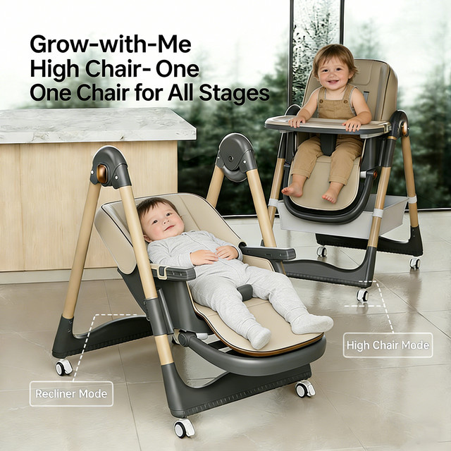 3-in-1-Hochstuhl für Babys und Kleinkinder, faltbarer Babyhochstuhl mit Rollen und höhenverstellbarem PU-Lederkissen in Grau und Beige - Bild 1