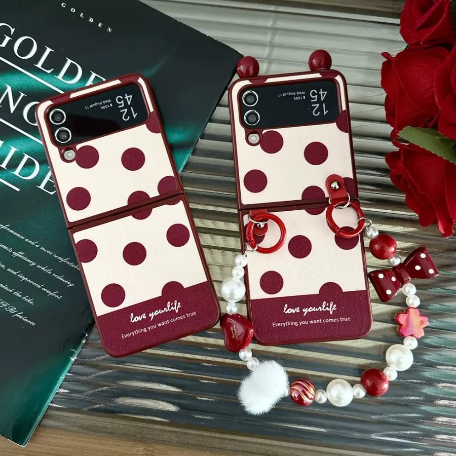 Luxus Handyhülle mit Kristall, Perlen und Pelz sowie Leder-Handgelenkband für Samsung Galaxy Z Flip 7, 6, 5, 4, 3 in Rot - Bild 6